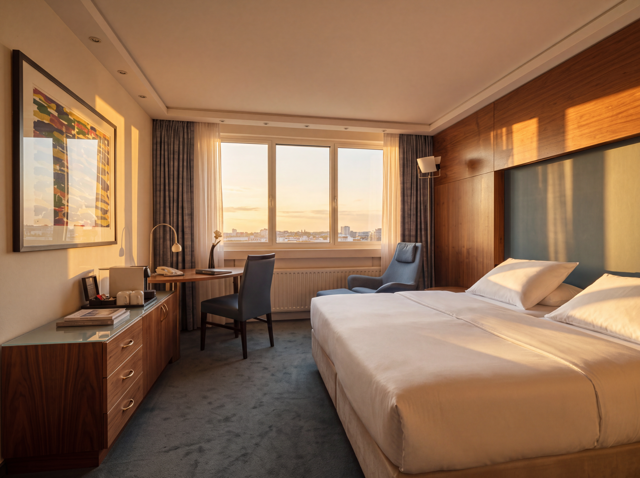 Enhanced hotel bedroom with warm natural lighting