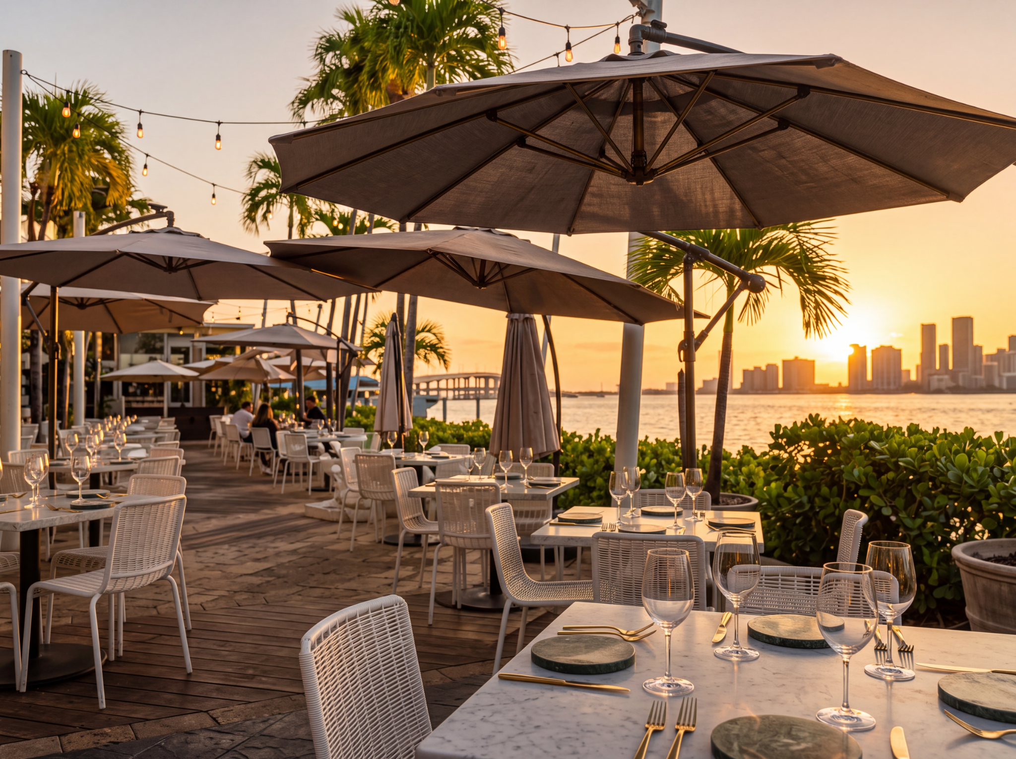 Enhanced waterfront restaurant at sunset