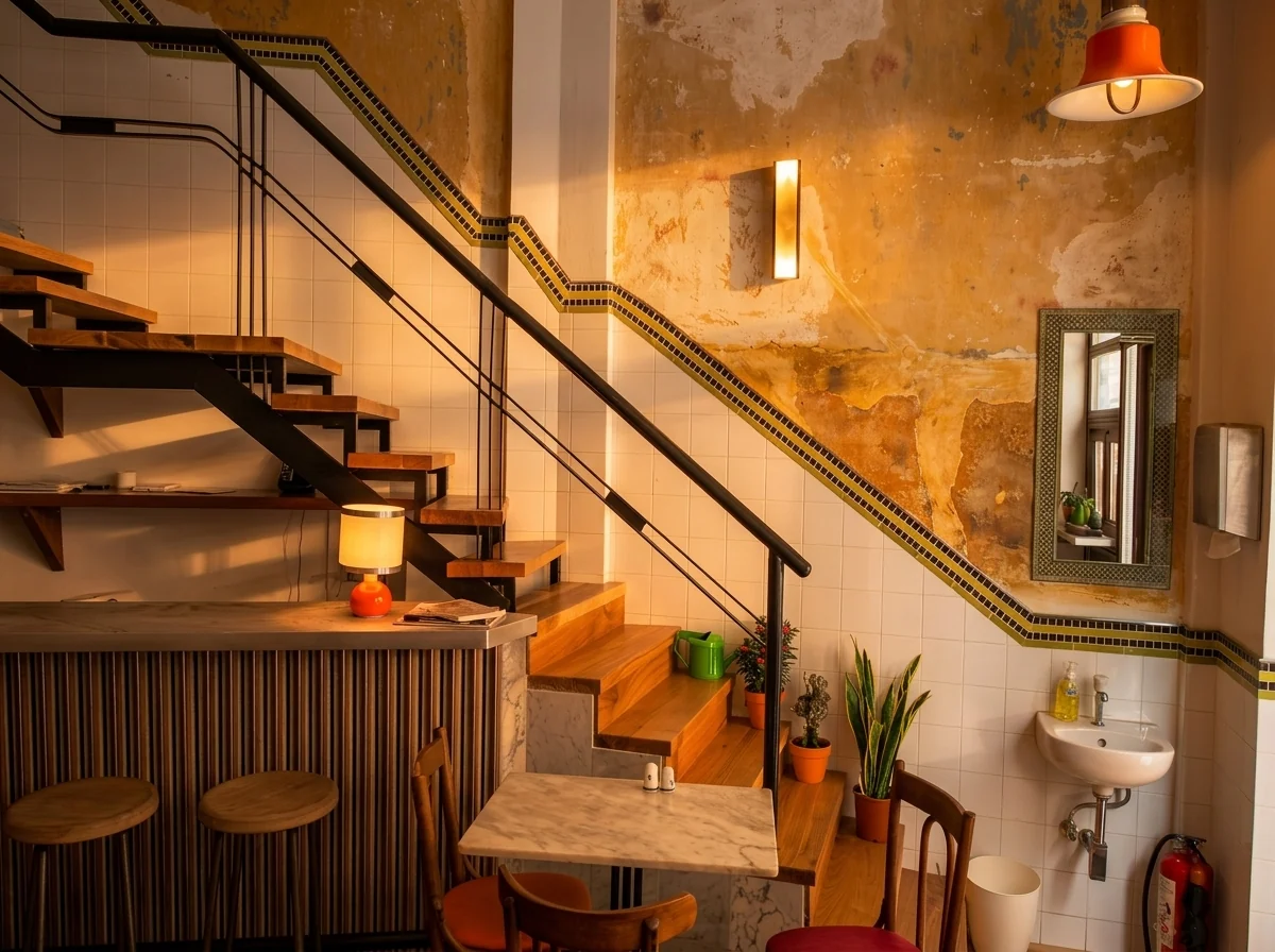 Warm restaurant staircase interior with aged plaster, tile and wood details