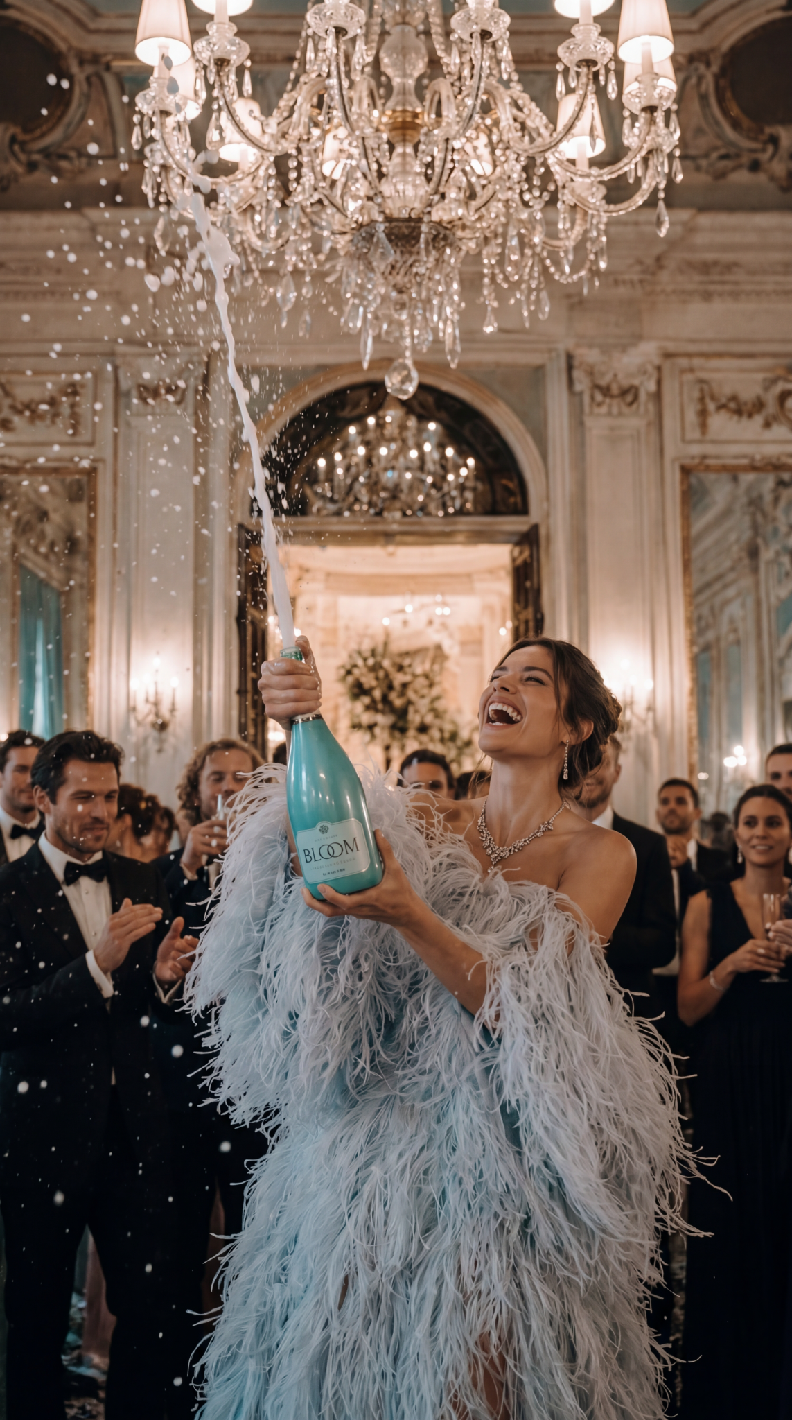 Luxury celebration campaign visual with champagne and chandelier