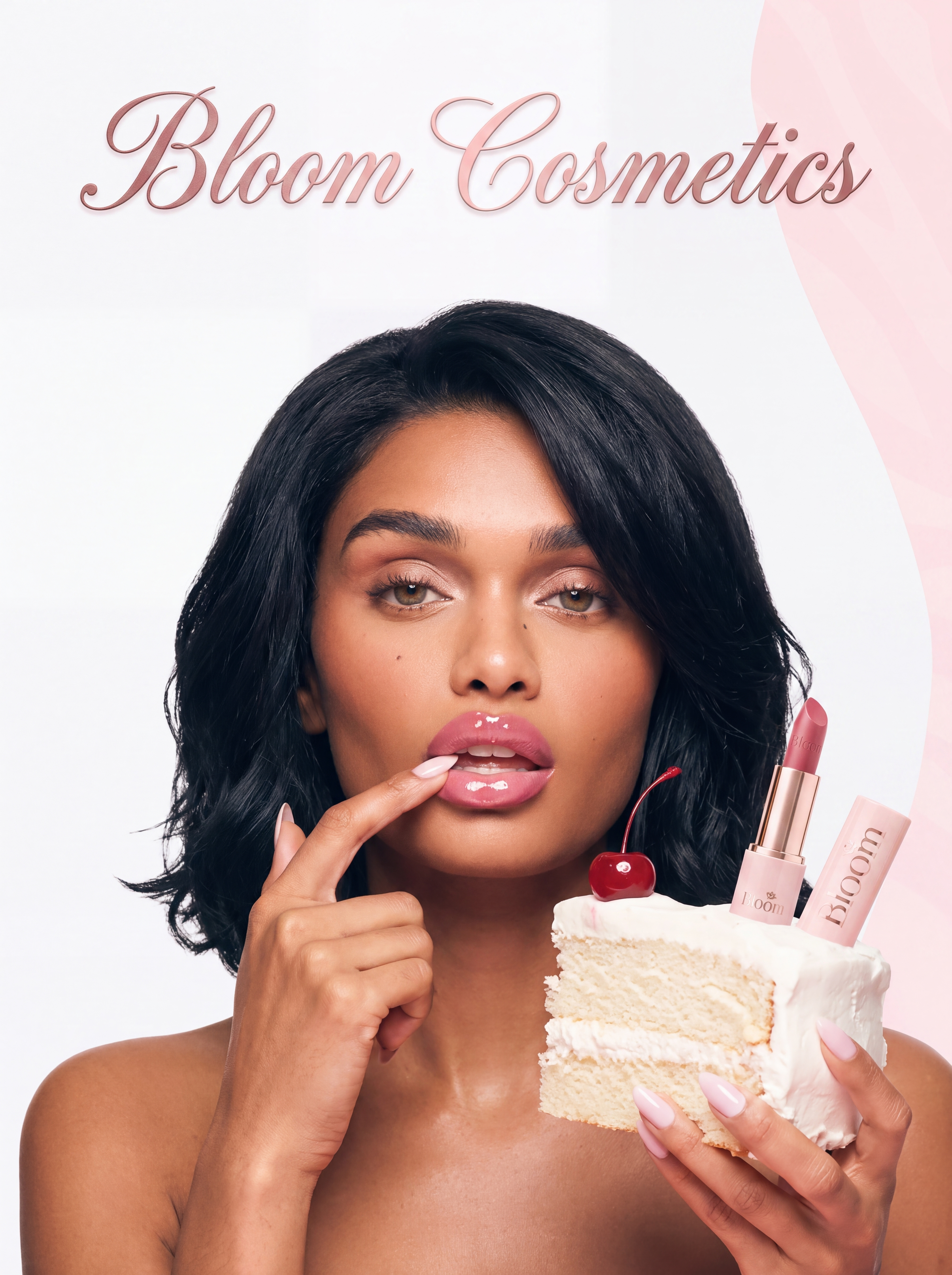 Beauty campaign key visual: model with a slice of cake holding a lipstick, with the brand name set above