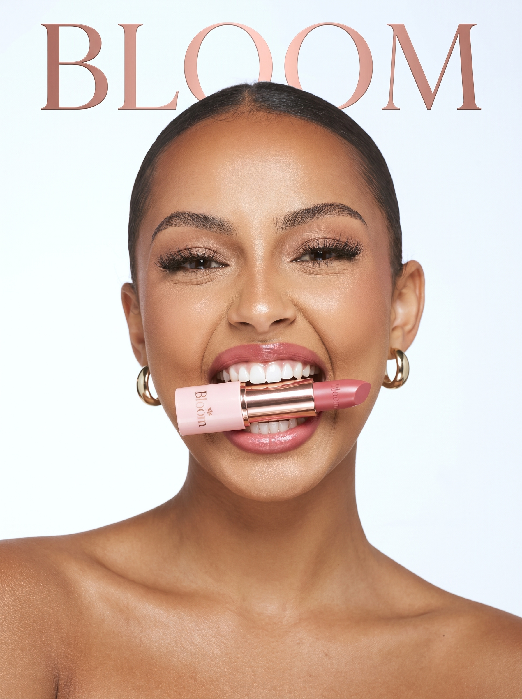 Beauty cover portrait: model holding a lipstick between her teeth beneath a large brand wordmark