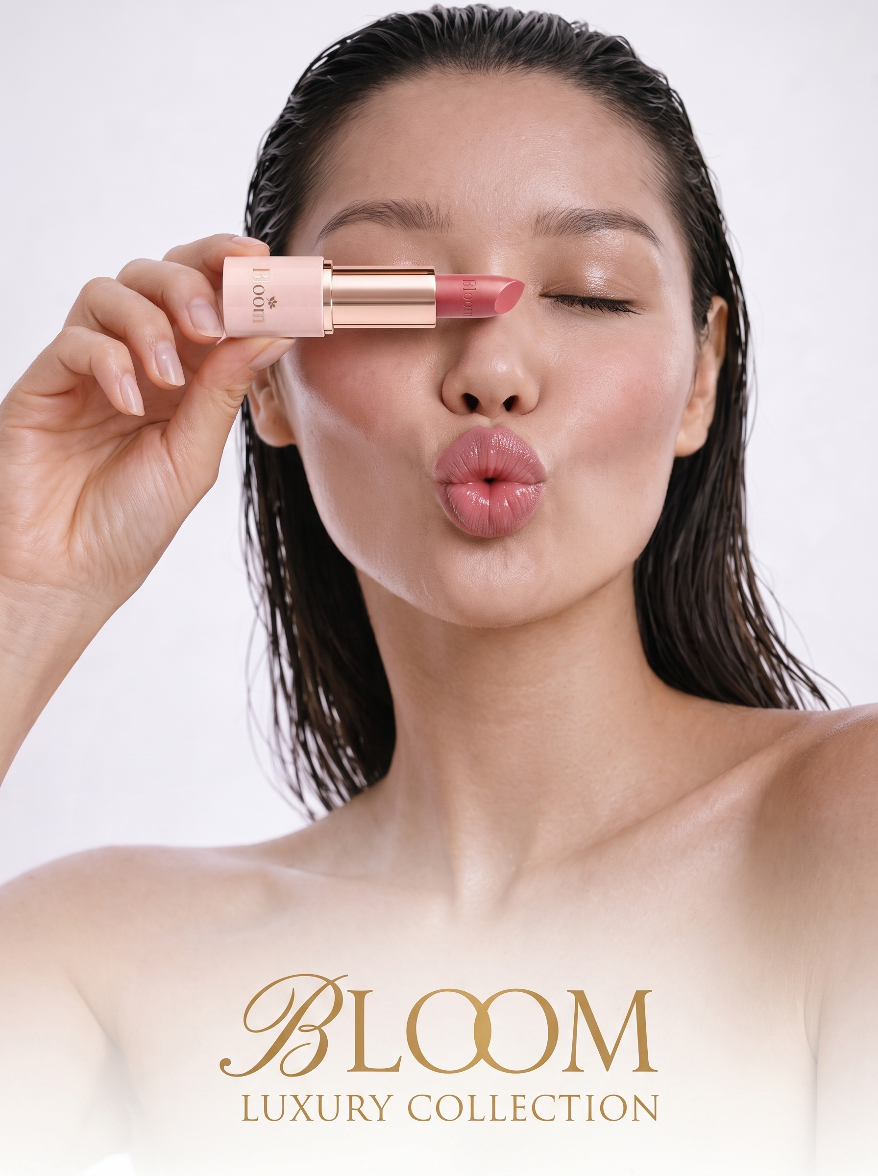 Beauty portrait: model with wet-look hair holding a lipstick over one eye, brand lockup below