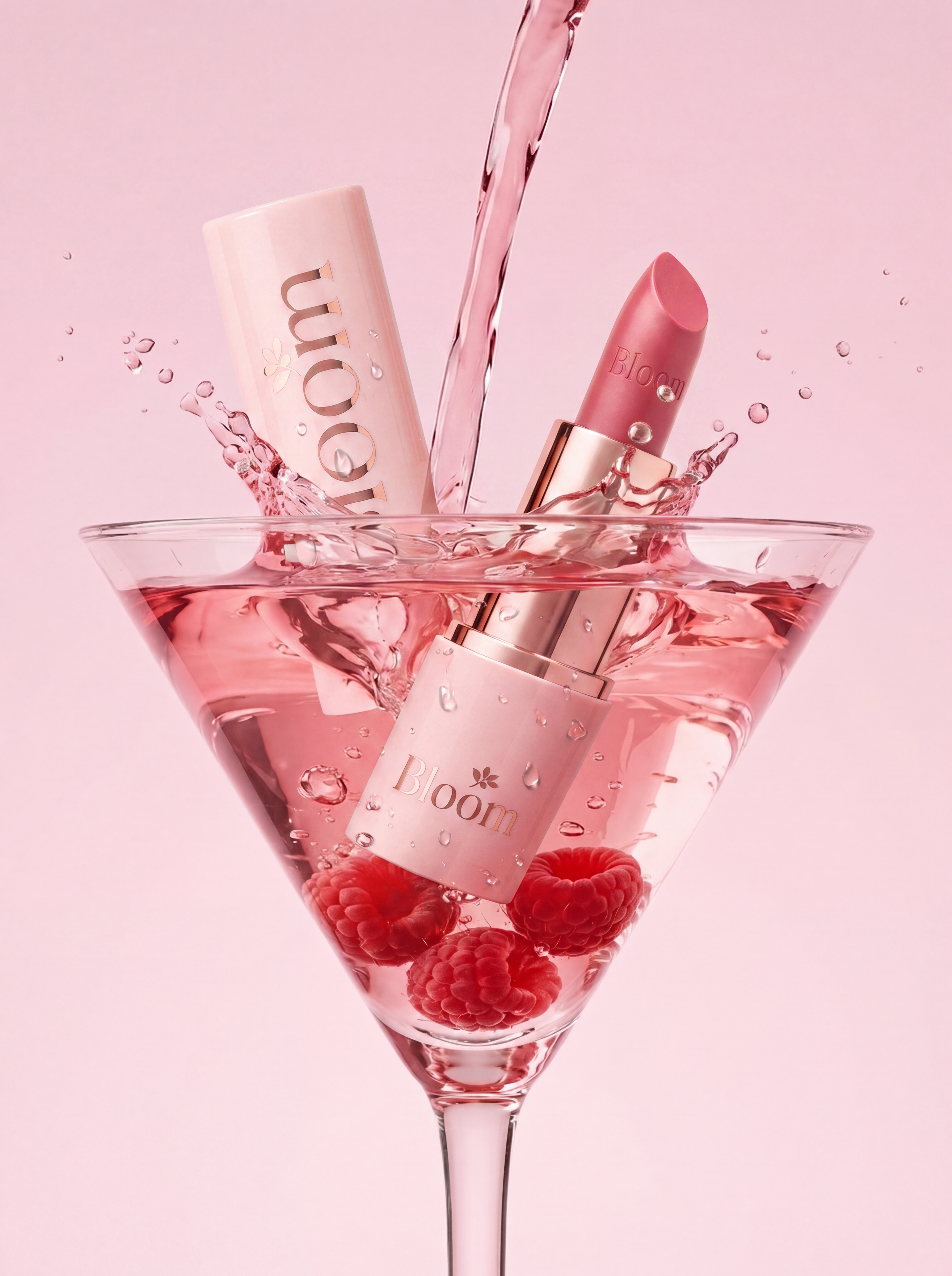 Product still life: a lipstick and its cap in a coupe glass of pink liquid with raspberries and a splash