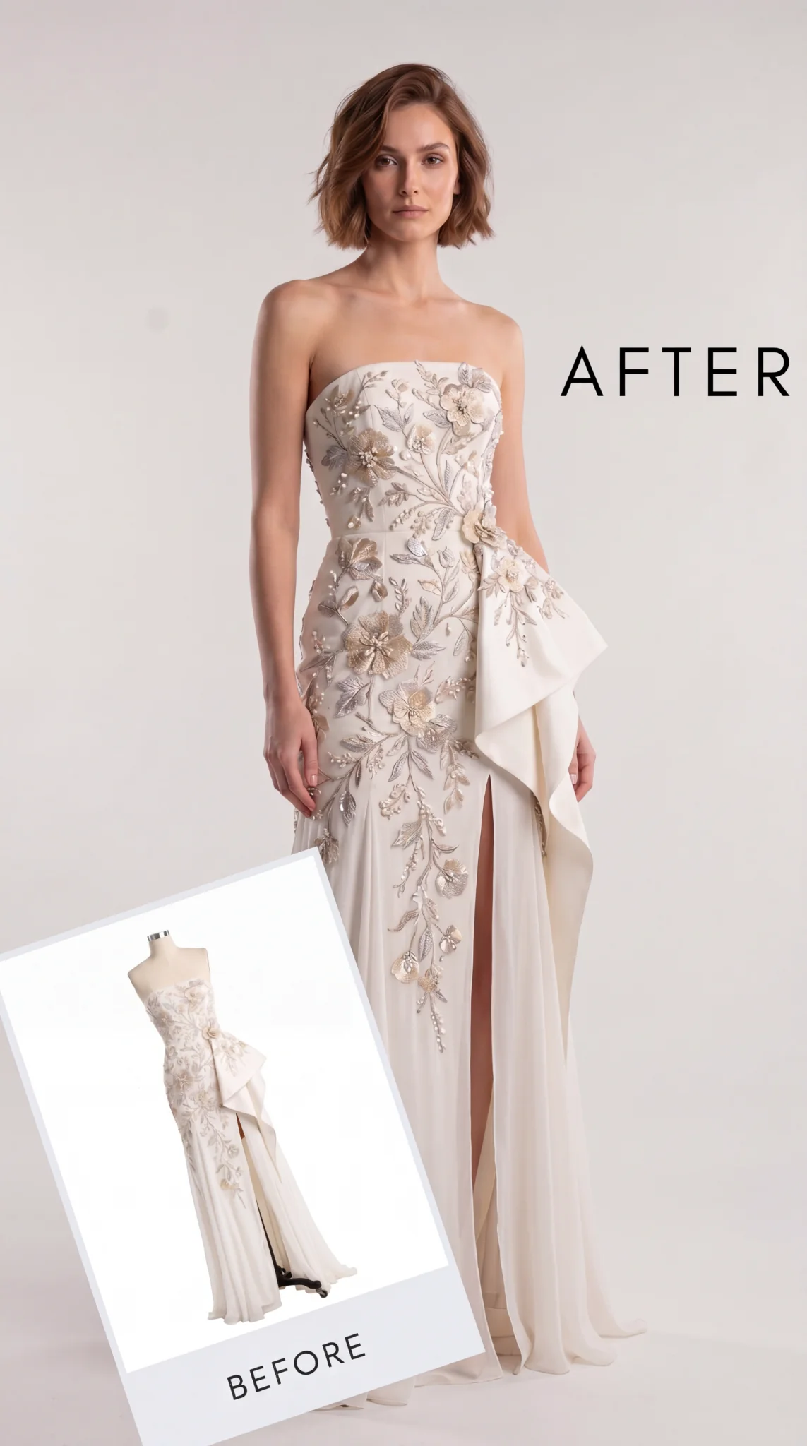 Before and after ivory couture gown visual