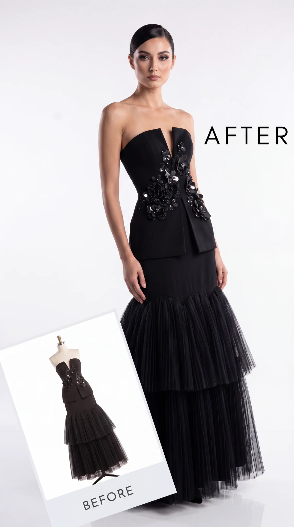 Before and after black couture dress visual