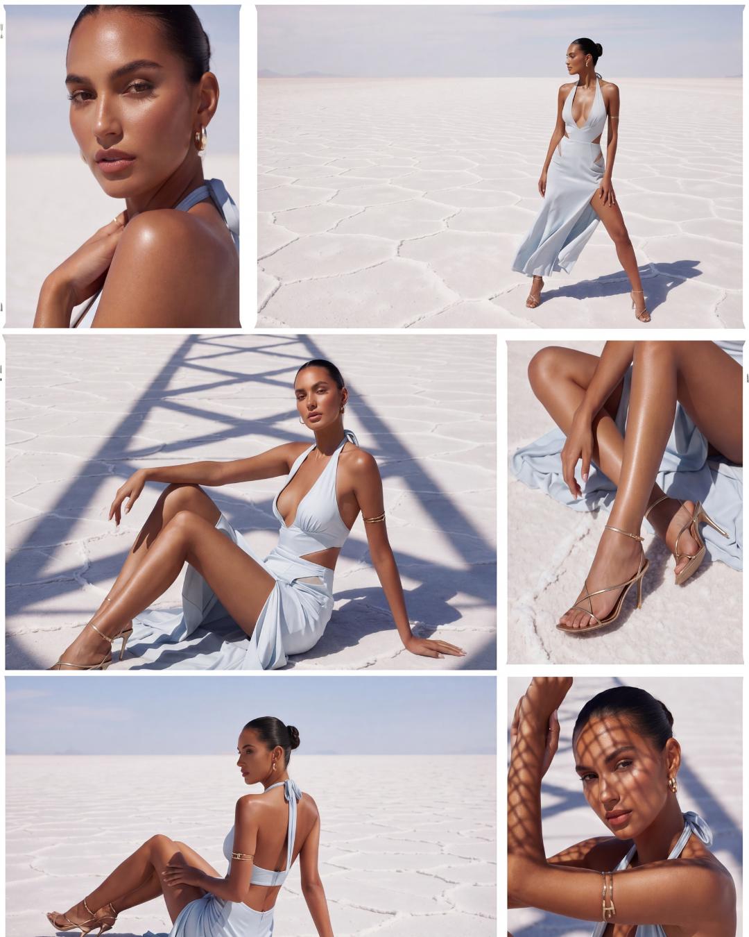 AI fashion campaign contact sheet with multiple luxury desert editorial images