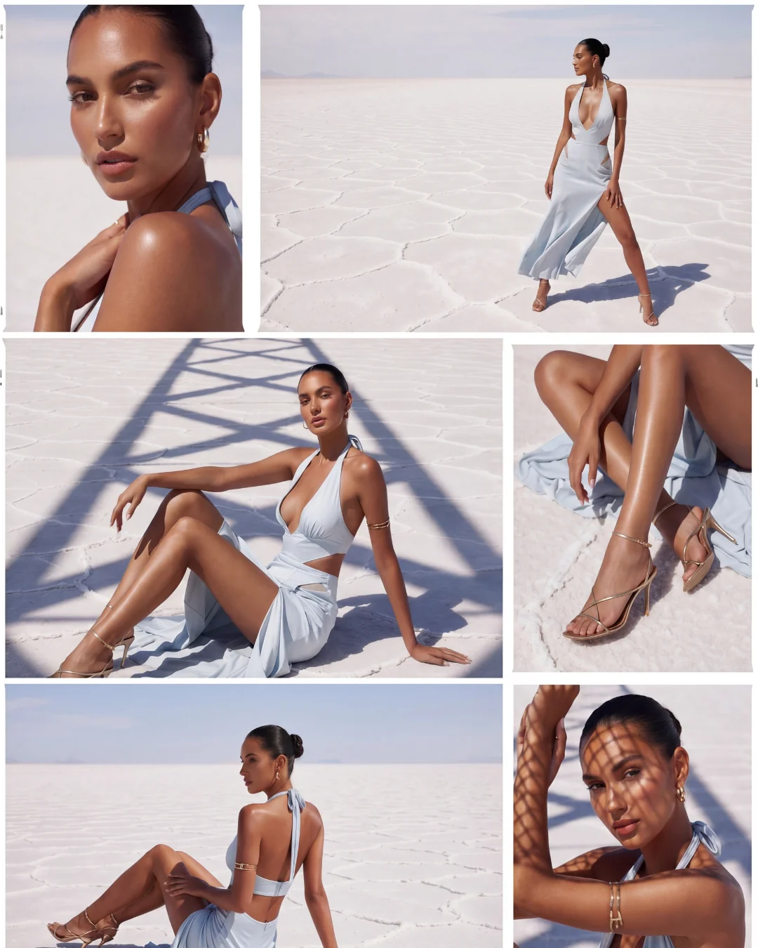AI fashion campaign contact sheet with multiple luxury desert editorial images
