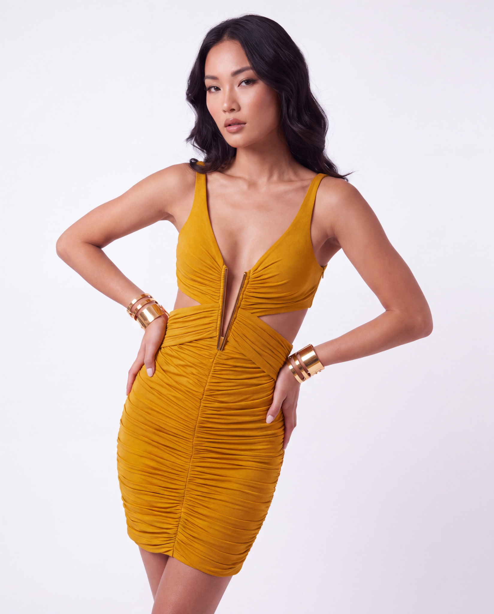 Mustard dress on blonde fashion model