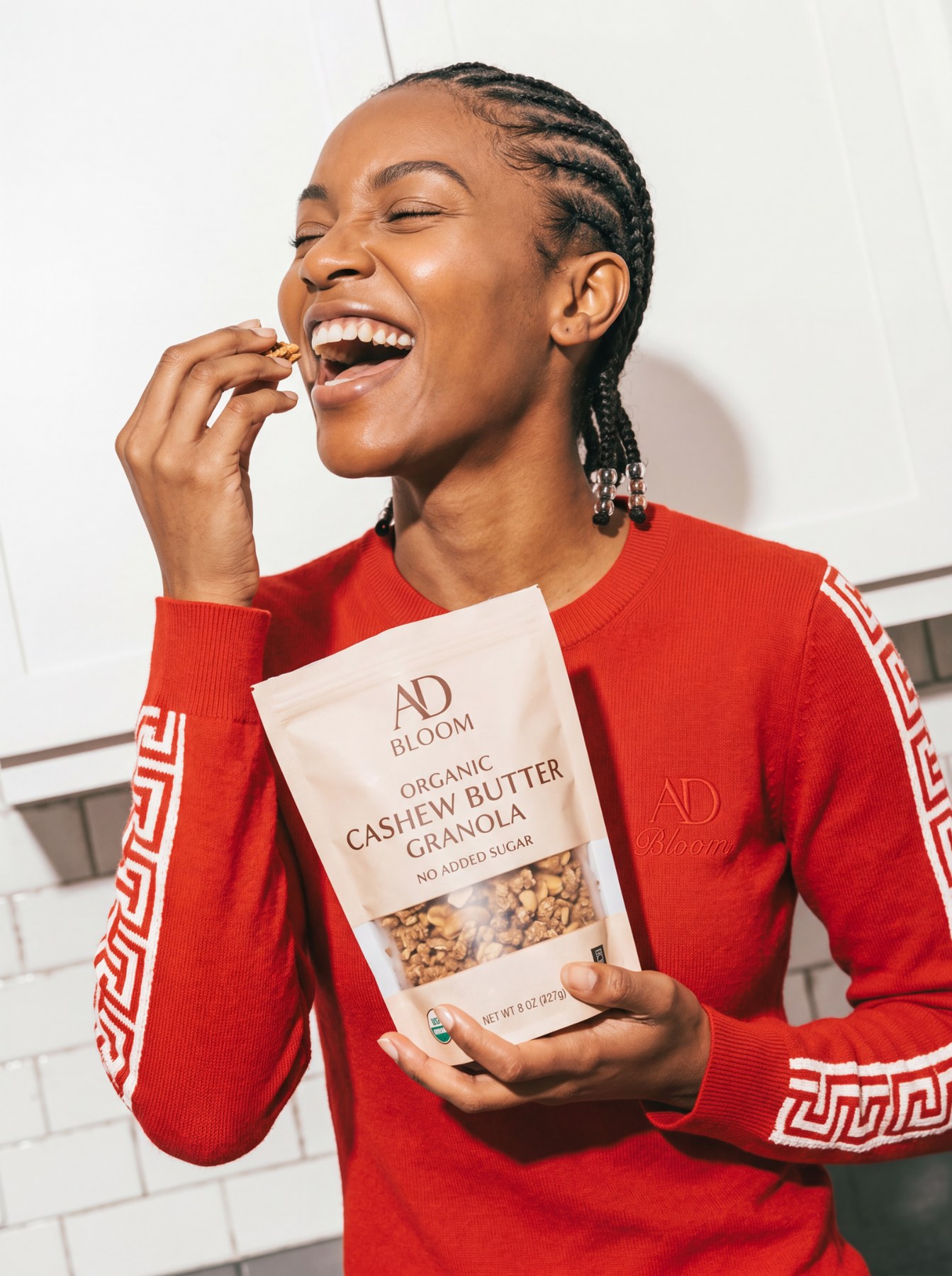 Warm lifestyle imagery that makes a simple food product feel editorial and desirable.