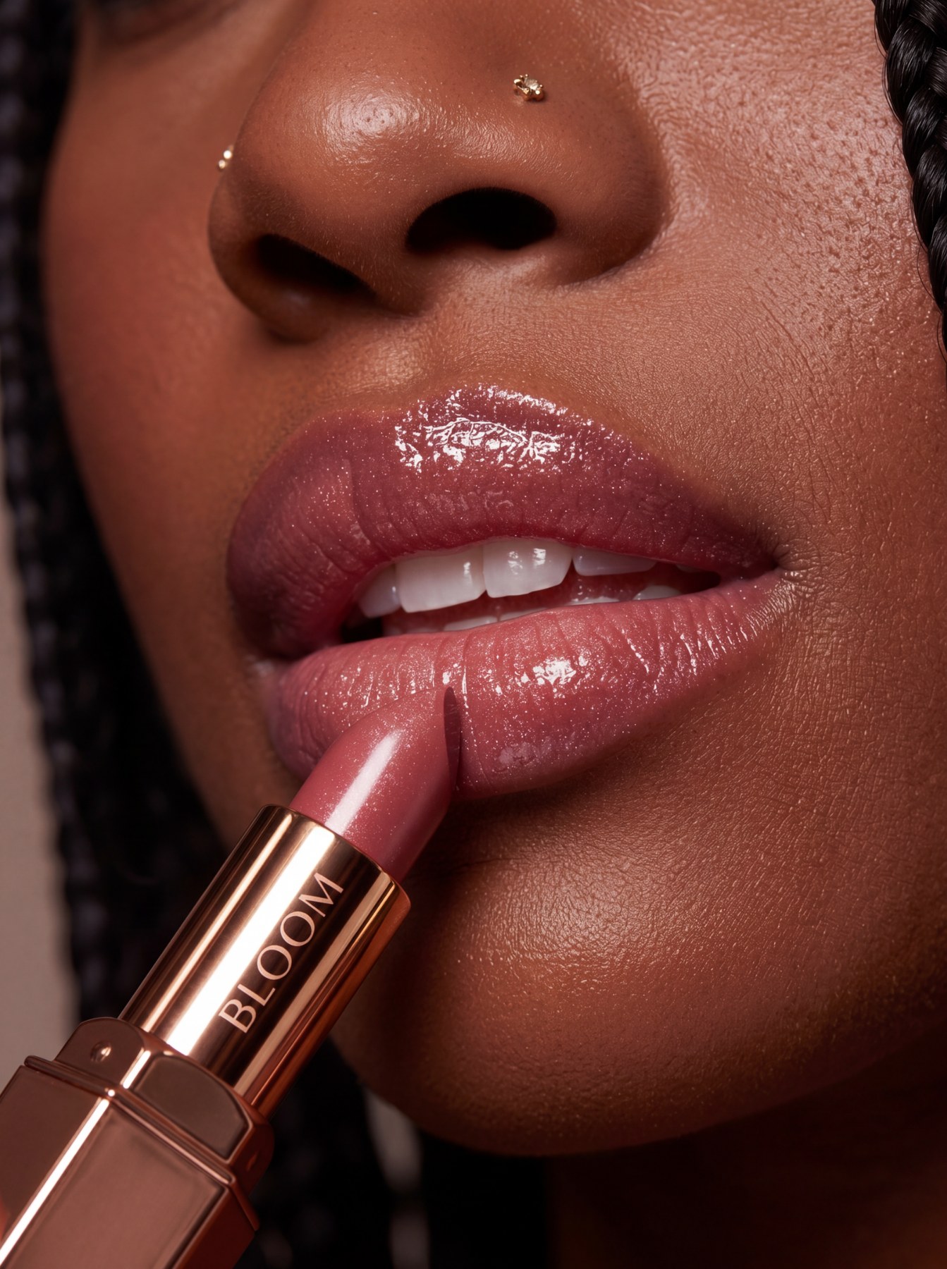 Glossy macro lipstick imagery shaped for beauty launches and premium product storytelling.