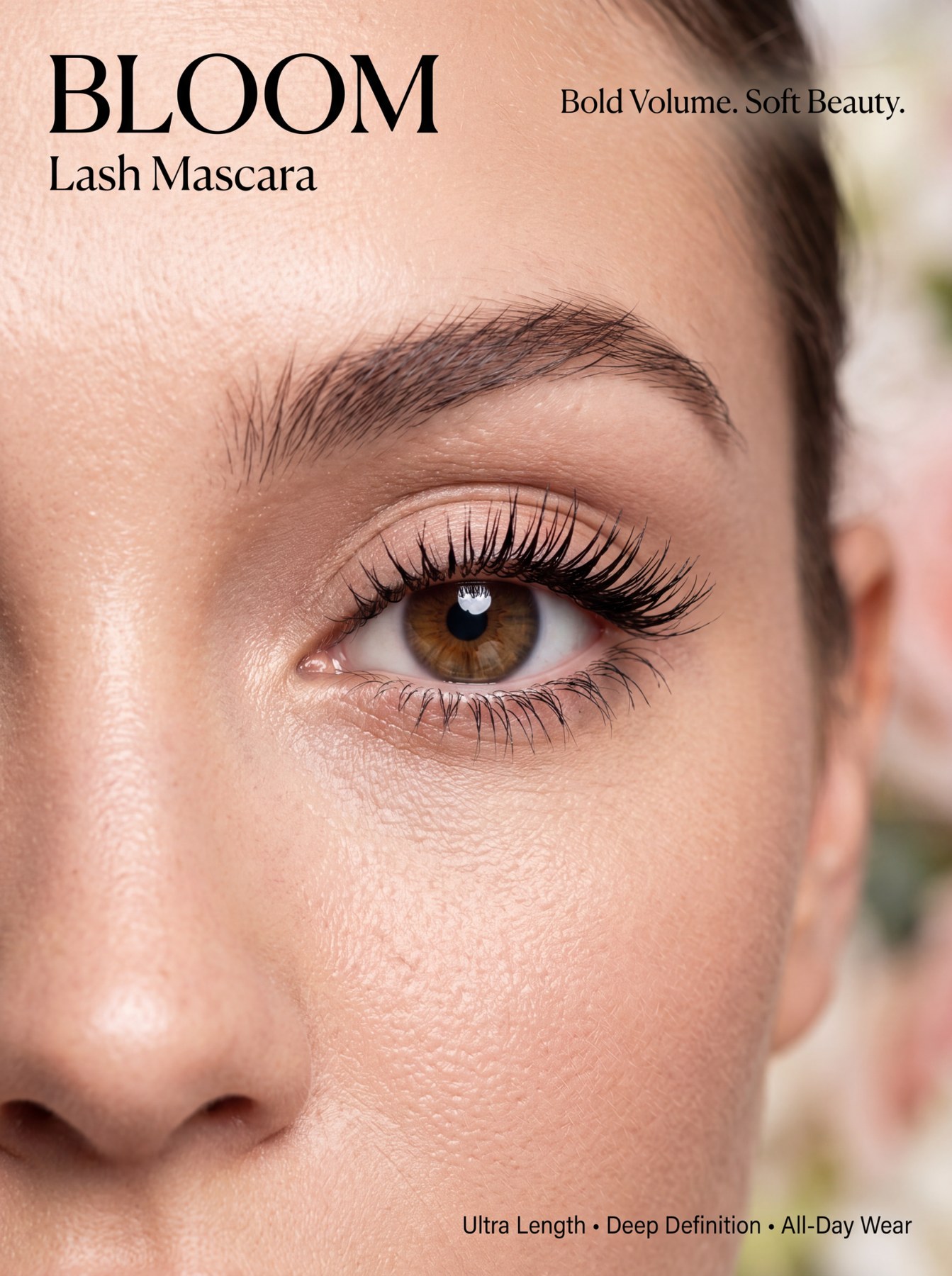 Close-up beauty campaign image showing a brown eye with long lashes and Bloom Lash Mascara branding.