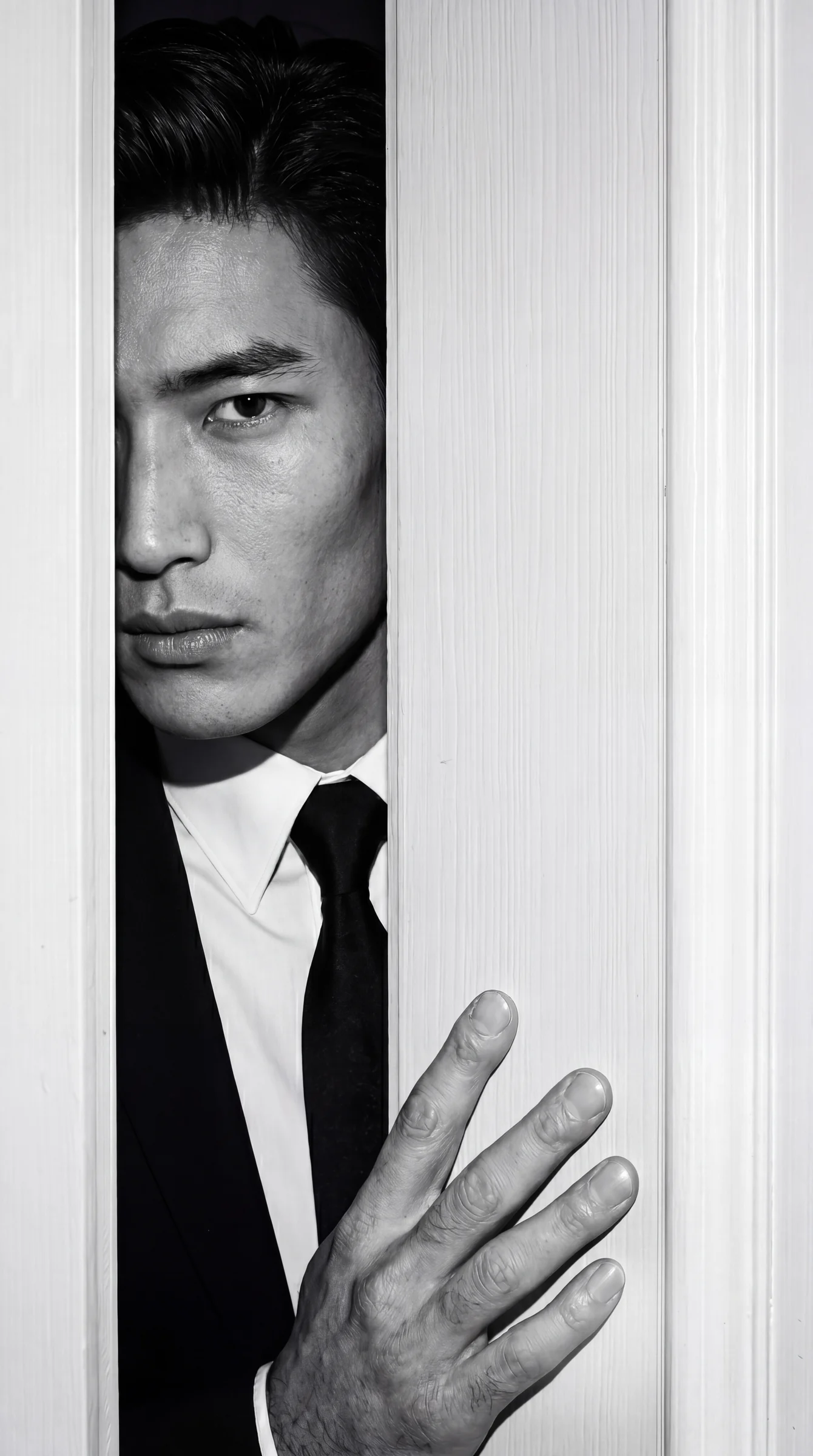 Black-and-white menswear editorial portrait framed by a doorway