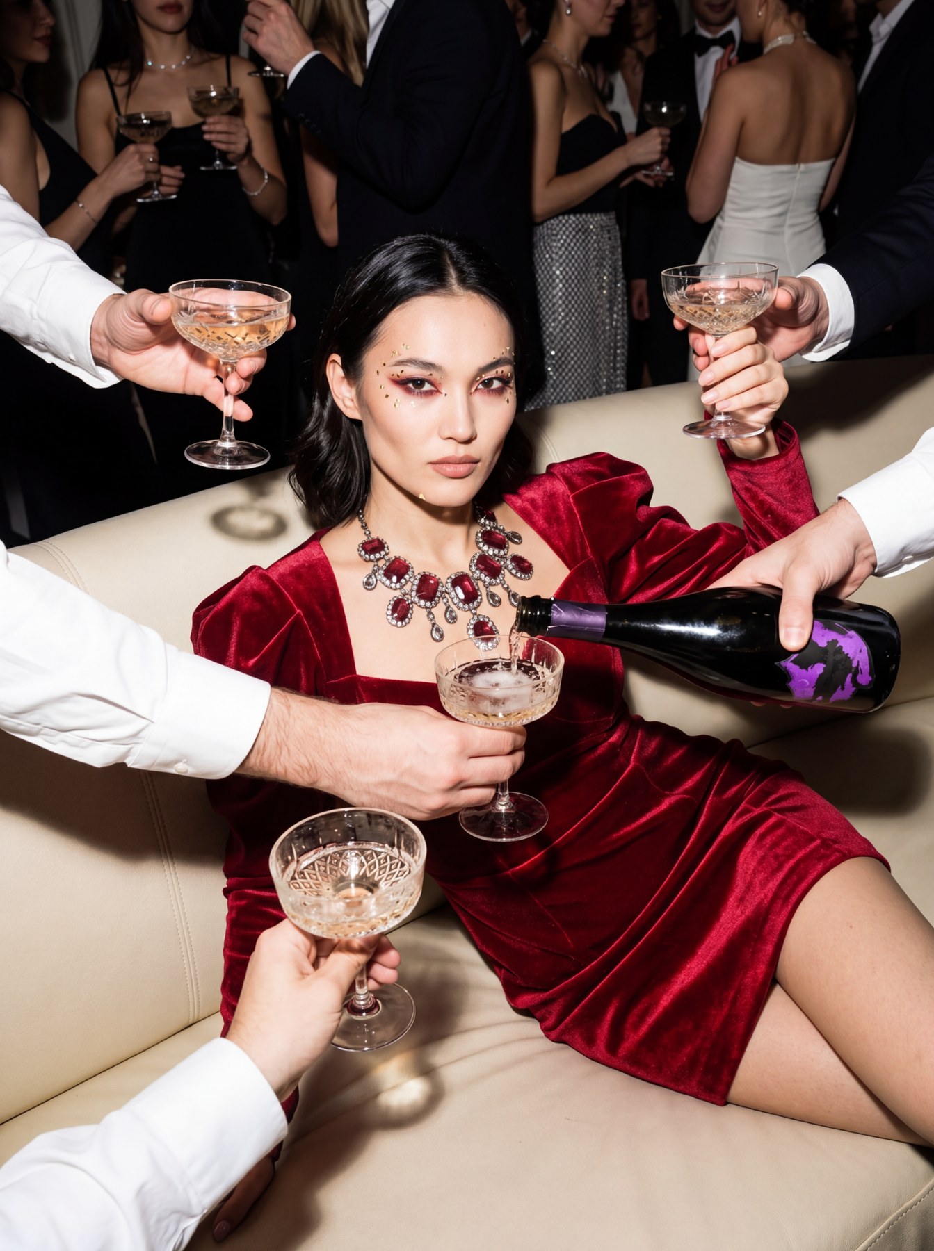 Statement party-night editorial with rich styling and campaign-level drama.