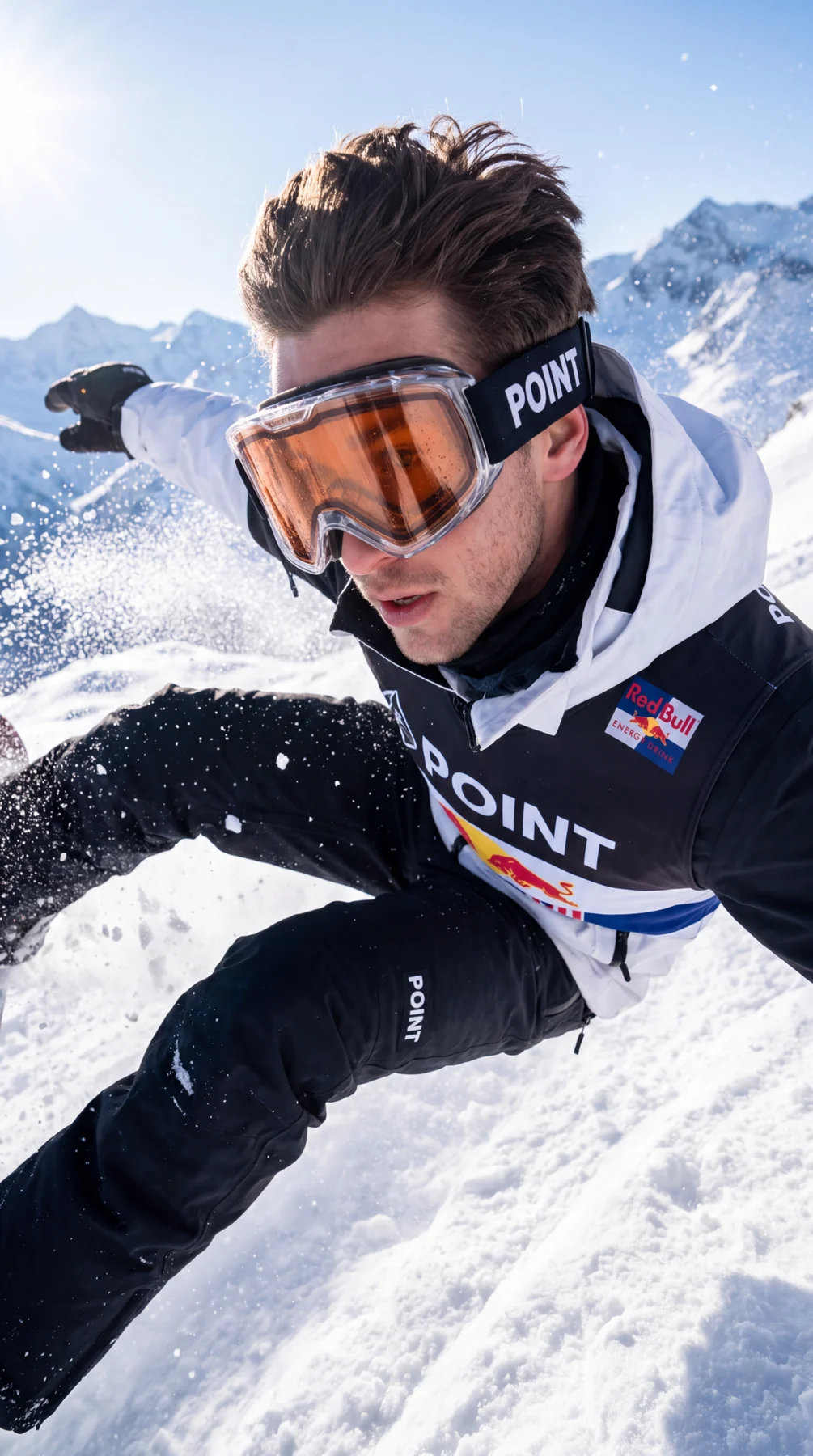 Male action sports campaign wearing POINT goggles