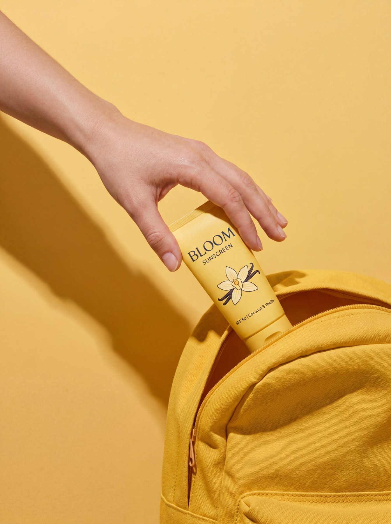 Yellow Bloom sunscreen tube being pulled from a matching yellow backpack on a monochrome set.