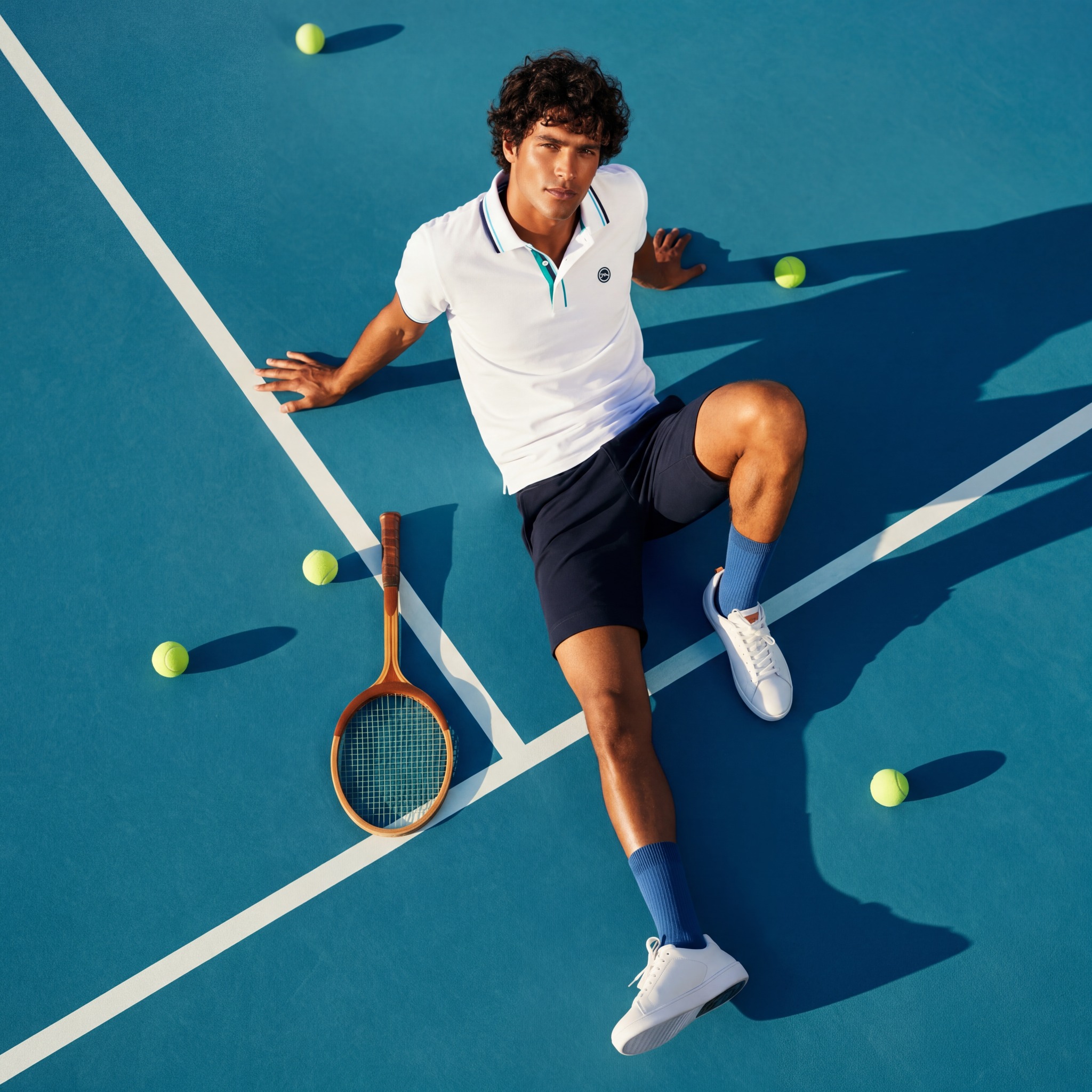 Premium activewear campaign image with a model on a tennis court.