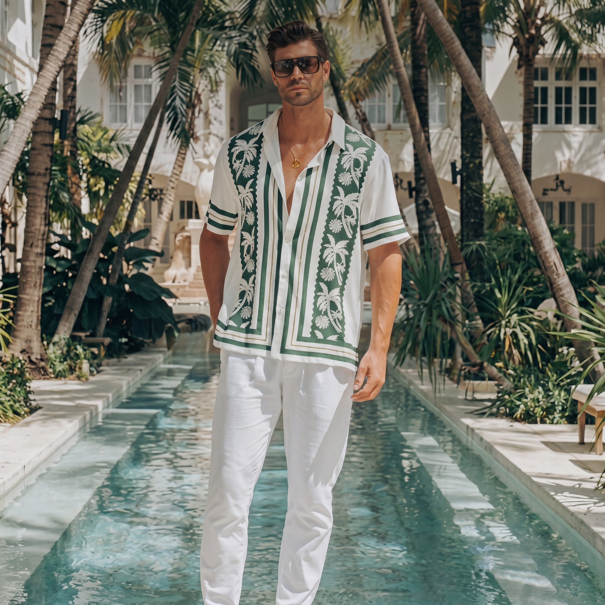 Men's resortwear campaign image with a model wearing a green and white shirt by a pool.